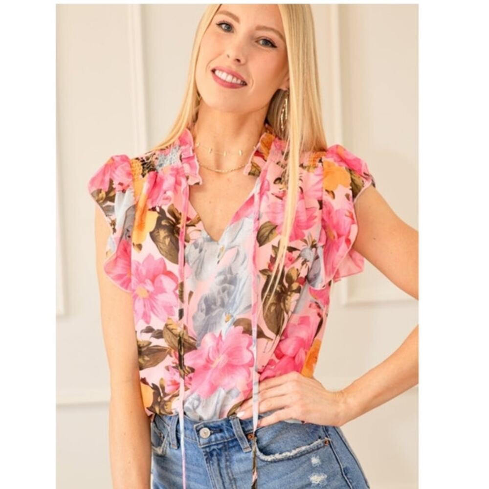 Boutique Blouse XL Pink Floral Tassel Tie Boho Cottagecore Spring Feminine Chic